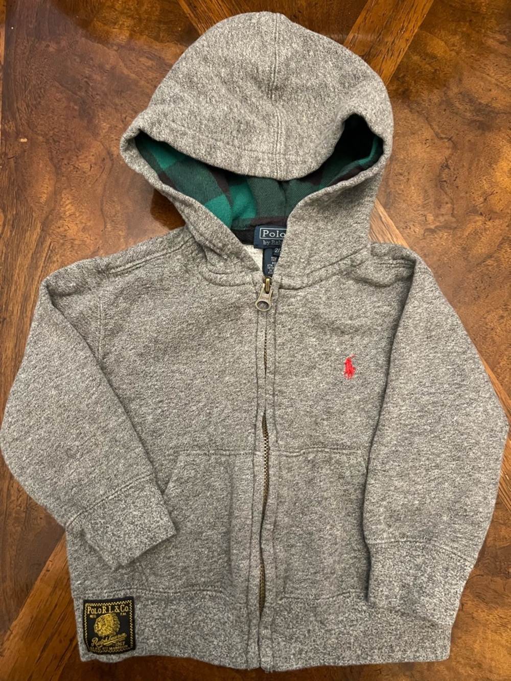 Polo by Ralph Lauren Gray Hooded Zip Sweatshirt with green plaid lined hood